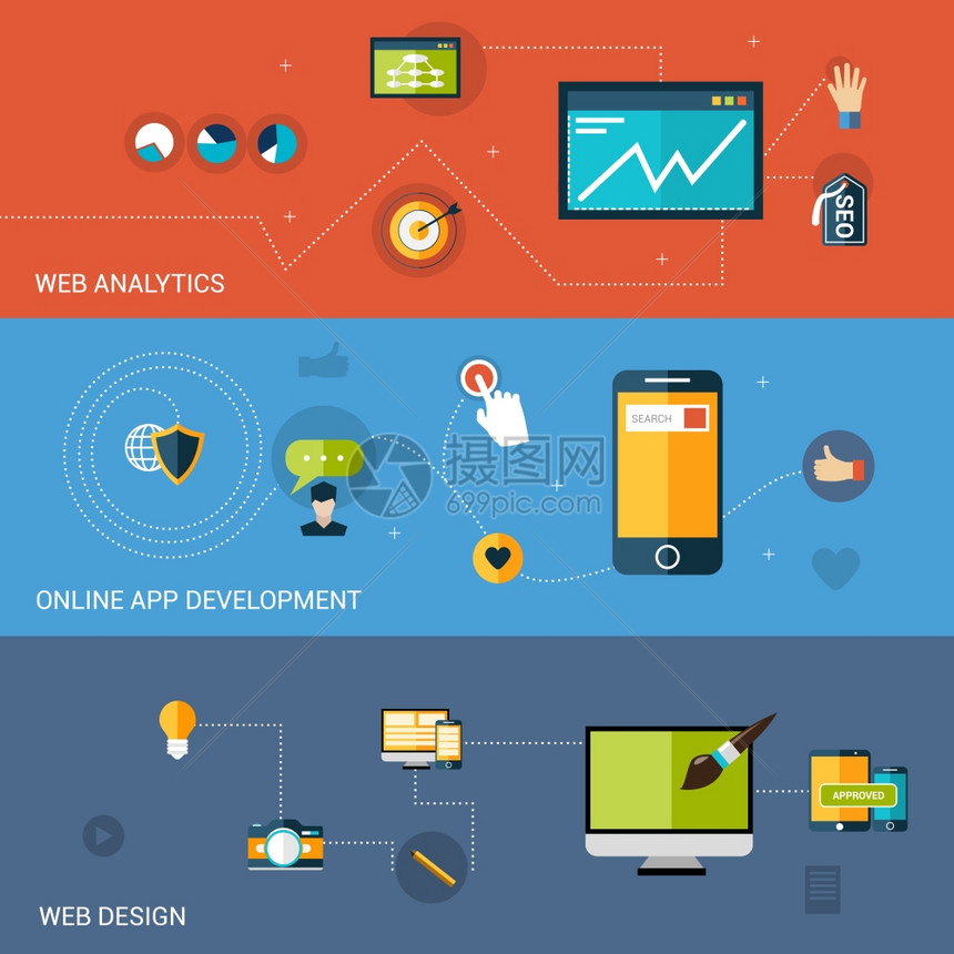 網(wǎng)頁(yè)開發(fā)中的橫幅設(shè)計(jì)與分析線應(yīng)用程序元素孤立插圖